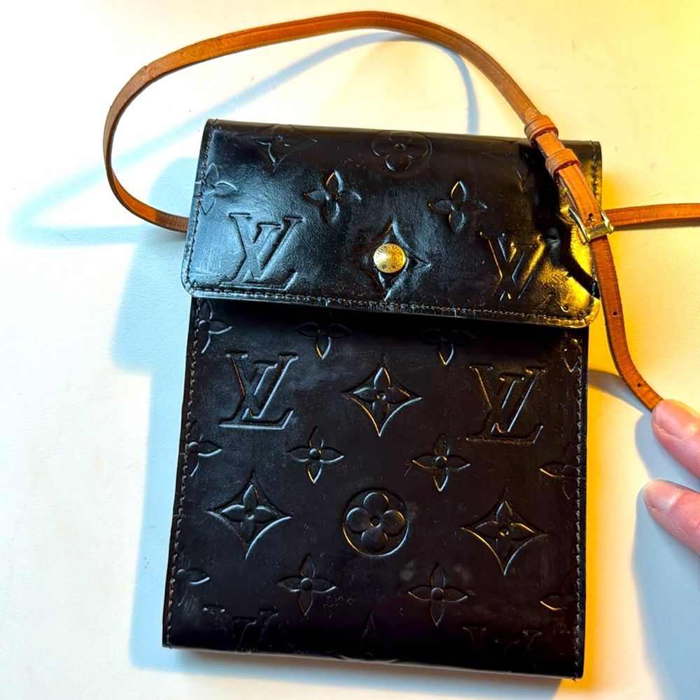 Louis Vuitton Black Monogram Vernis Mini Crossbody with Tan Strap